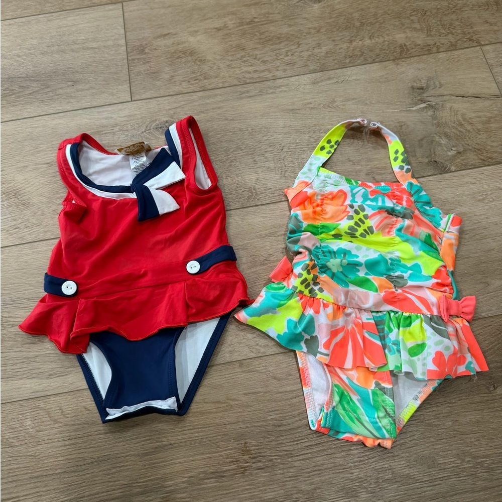 Red & Navy Nautical One-Piece Swimsuit + Multicolor Floral Ruffle Swimsuit